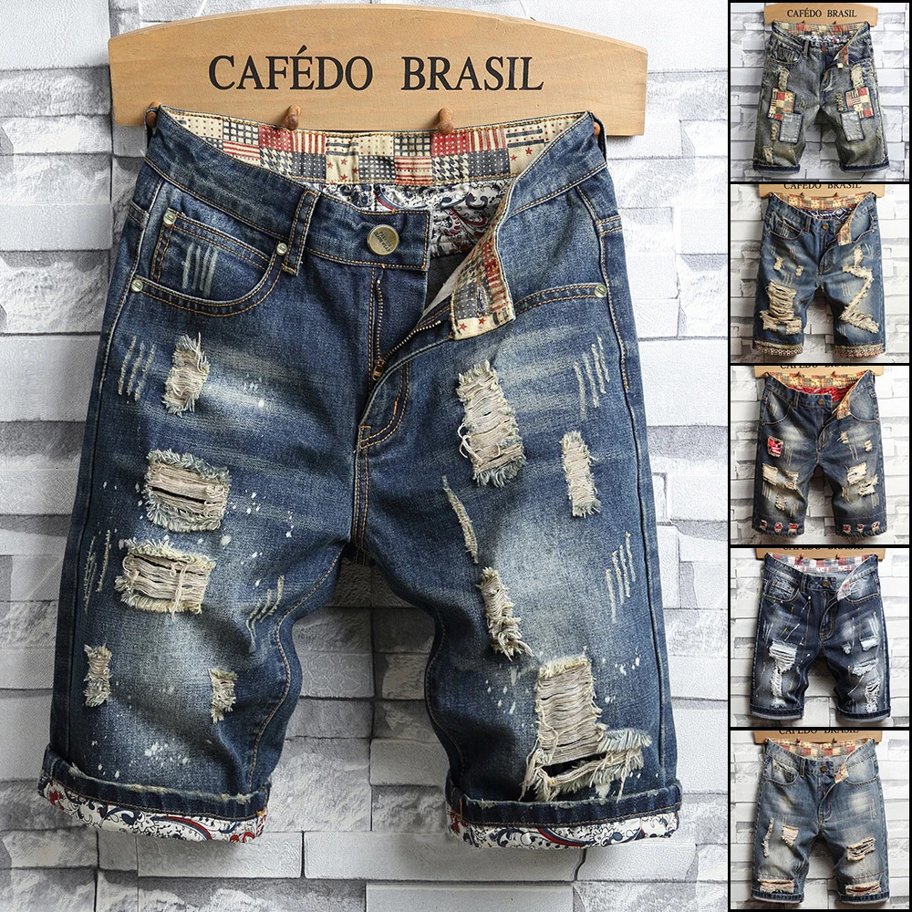 Ripped Hiphop Denim Shorts Mens Summer Fashion Loose Patchwork Scratched Distressed Knee Length Jeans Vintage Y2K Streetwear 260612