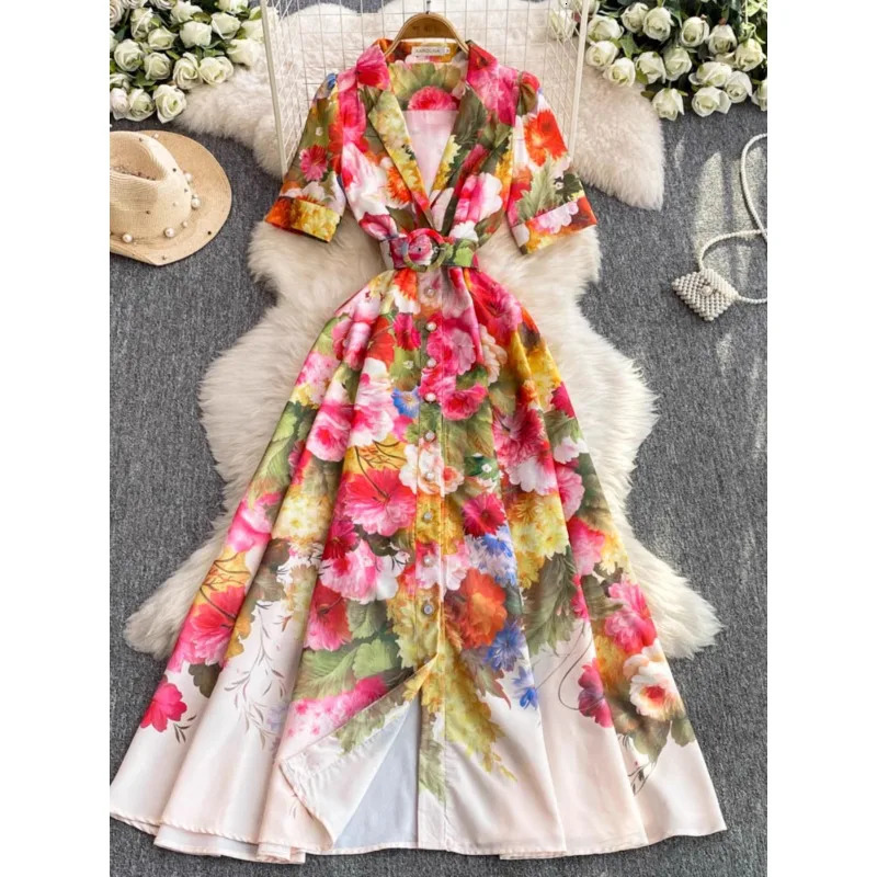 Spring Womens Court Style Suit Collar Long Formal Dress Vacation Print Waist Cinching Slimming A-Line Maxi Dress 260611