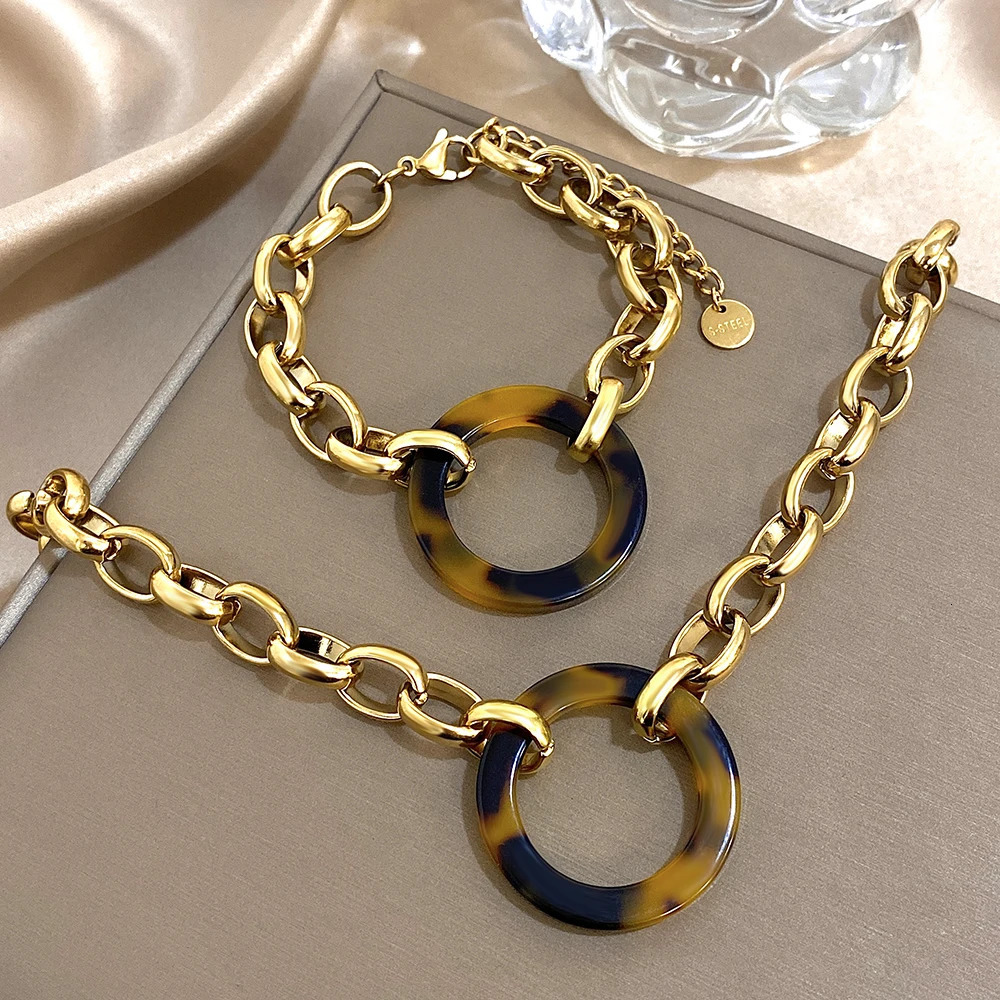 Punk y Womens Set Jewelry Gold Color Thick Chain Leopard Pendant Stainless Steel Necklace Bracelets Fashion 260609