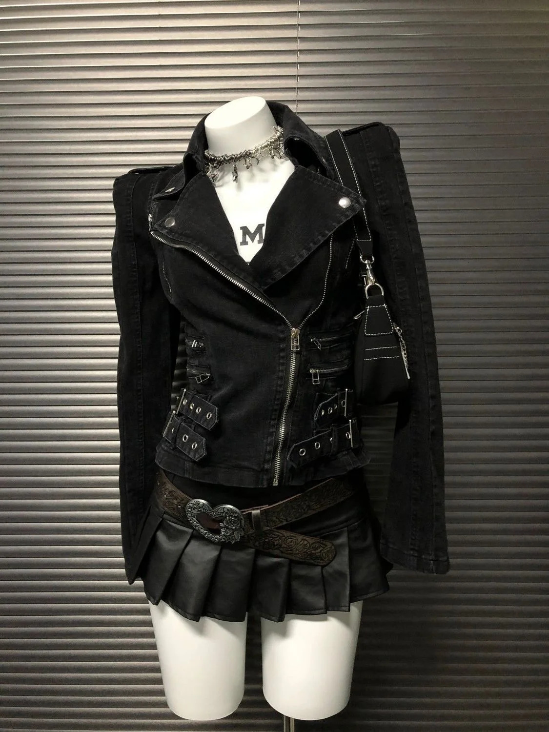 Y2K Gothic Black Coat Bomber Jacket Women Harajuku Vintage Turn Down Collar Denim Jacket Punk Diagonal Zipper Motorcycle Jacket 260609