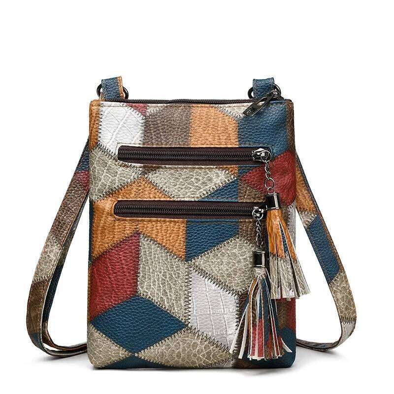 Women Patchwork PU Leather Crossbody Flap Vintage Multi Double Zipper Phone Purse Female Tassel Small Shoulder Bag Handbag
