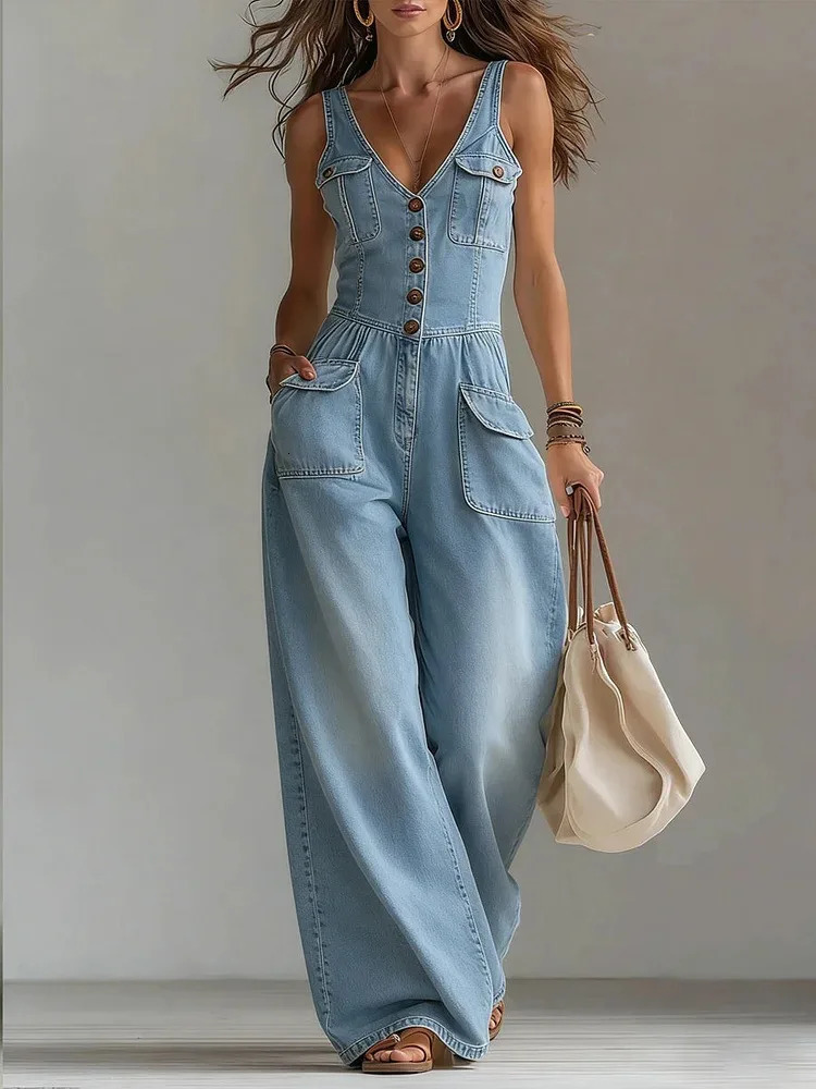 Sexy V Neck Button Denim Jumpsuit Elegant Solid High Waist Woman Romper 2026 Spring Summer Sleeveless Vacation Beach Overalls 260611