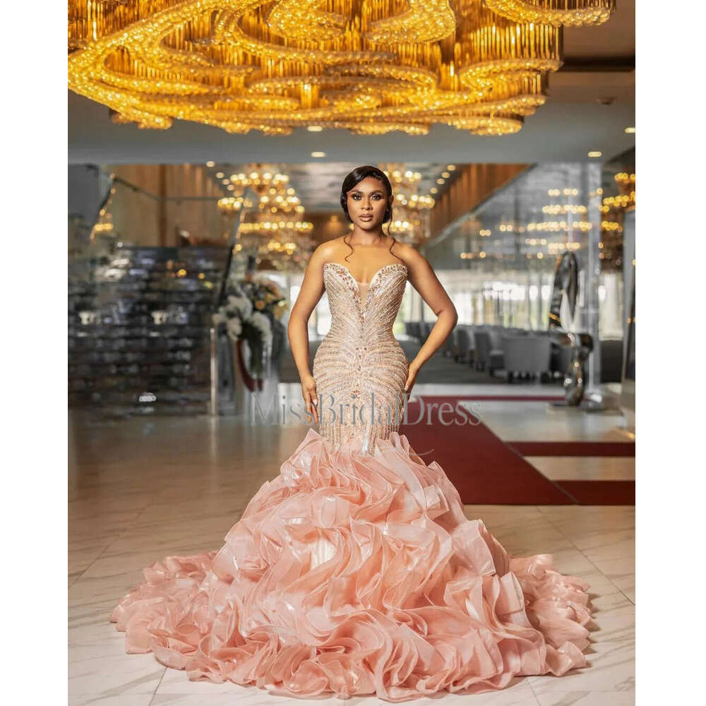 Luxury New Arrival Evening Dresses V Neck Sleeveless Sexy Strapless Lace Folds Layered Sequins Appliques Shiny Beaded Diamonds Prom Dress Plus Size