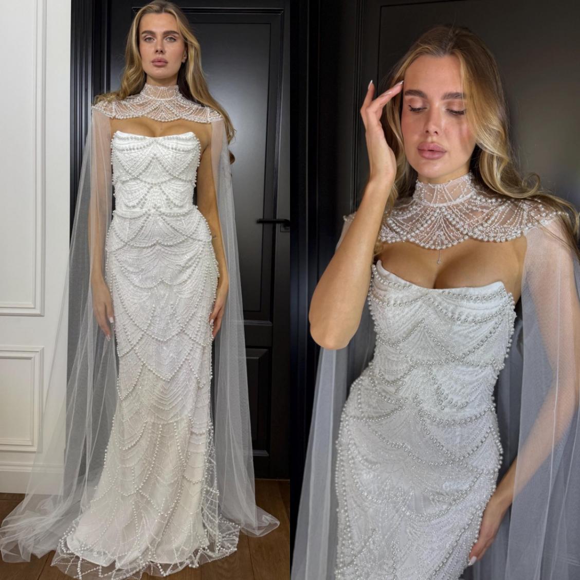 Elegant Mermaid Wedding Dress Strapless Sleeveless Wrap Bridal Gowns Pearls Beaded Sequins Floor Length Dresses Custom Made vestidos de novia