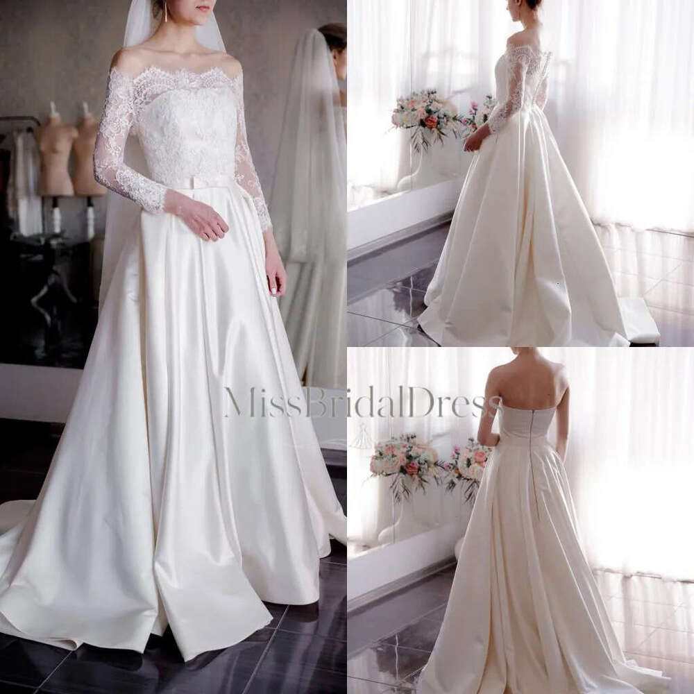 2020 Bohemian New Arrival Long Sleeve A Line Dresses Off Shoulder Satin Lace Applique Bridal Button Sweep Train Wedding Gowns Mb612