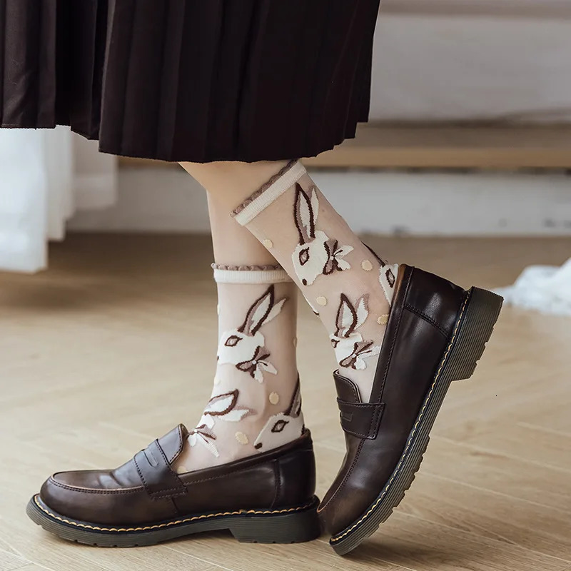 Japanese Kawaii Cartoon Cute Socks Summer Ultra-thin Transparent Glass Silk Socks Women Sexy Lace Breathable Elastic Long Socks 260612