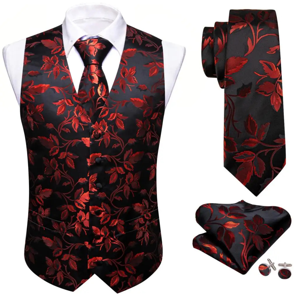 Elegant Vest for Men Red Black Leaves Slim Fit Waistcoat Tie Hanky Cufflinks Set Wedding Business Formal Party Barry Wang 260611
