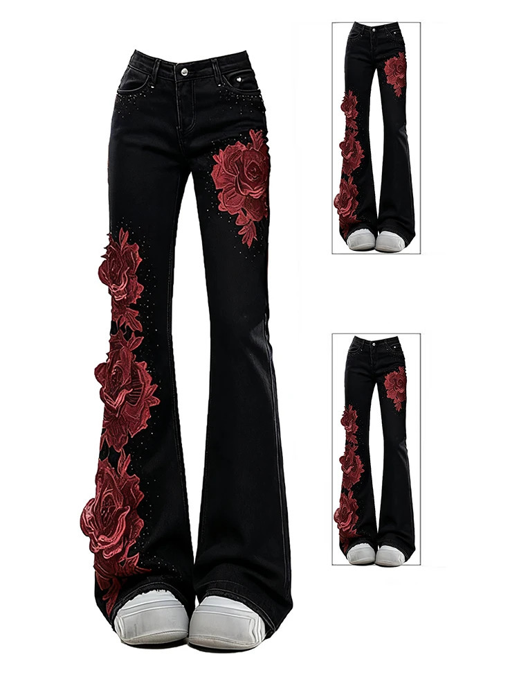 Y2K Black Denim Pants Women Micro Flare Rose Applique n Flirty Autumn Winter Trousers 260611