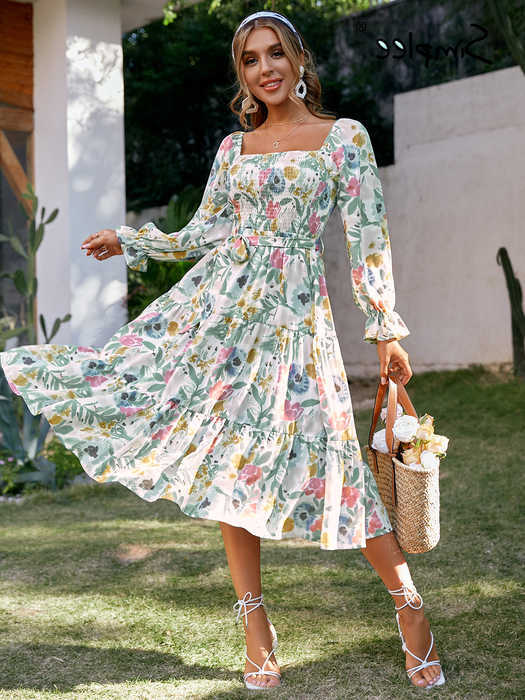 Dresses Casual Solid lace neckline long pleated print summer dress womens beach belt vestido square neck elastic dress S260612