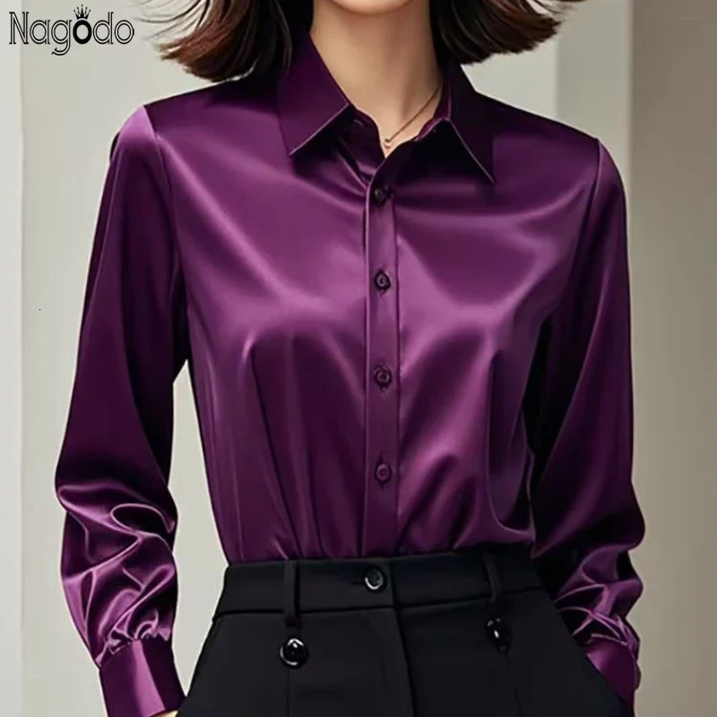 High Quality Silkly Satin Womens Shirt Office Ladies Long Sleeve Blouses Polo Neck Gold shirt Button y Casual women tops 260527