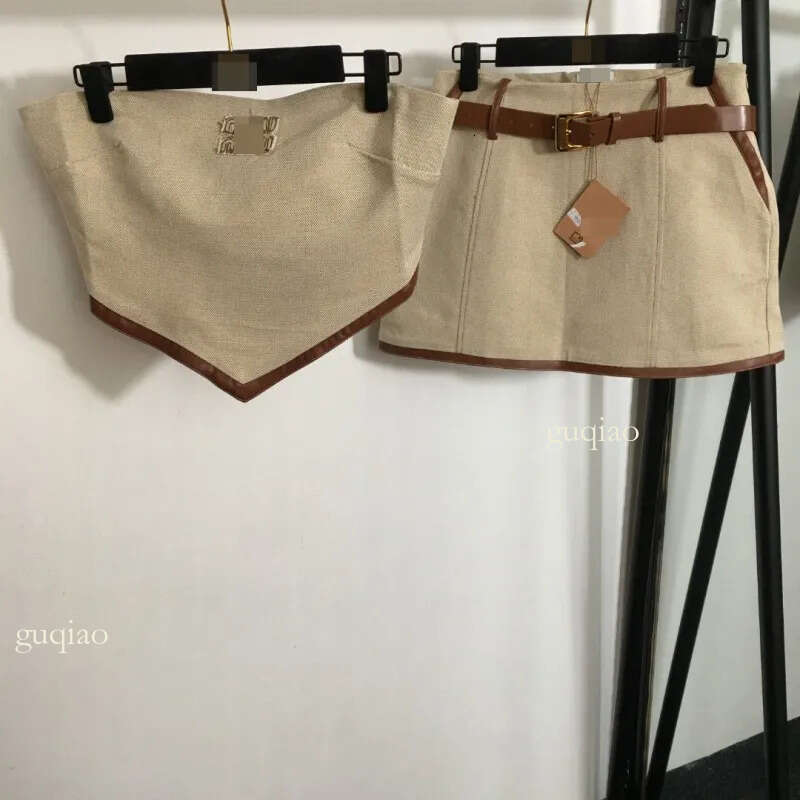 Designer Skirt Women's Embroidered Patch Linen Blend Bandeau Tank Top And Mini Skirt 2 Piece Set With Belt High Quality Summer Clothes Women De
