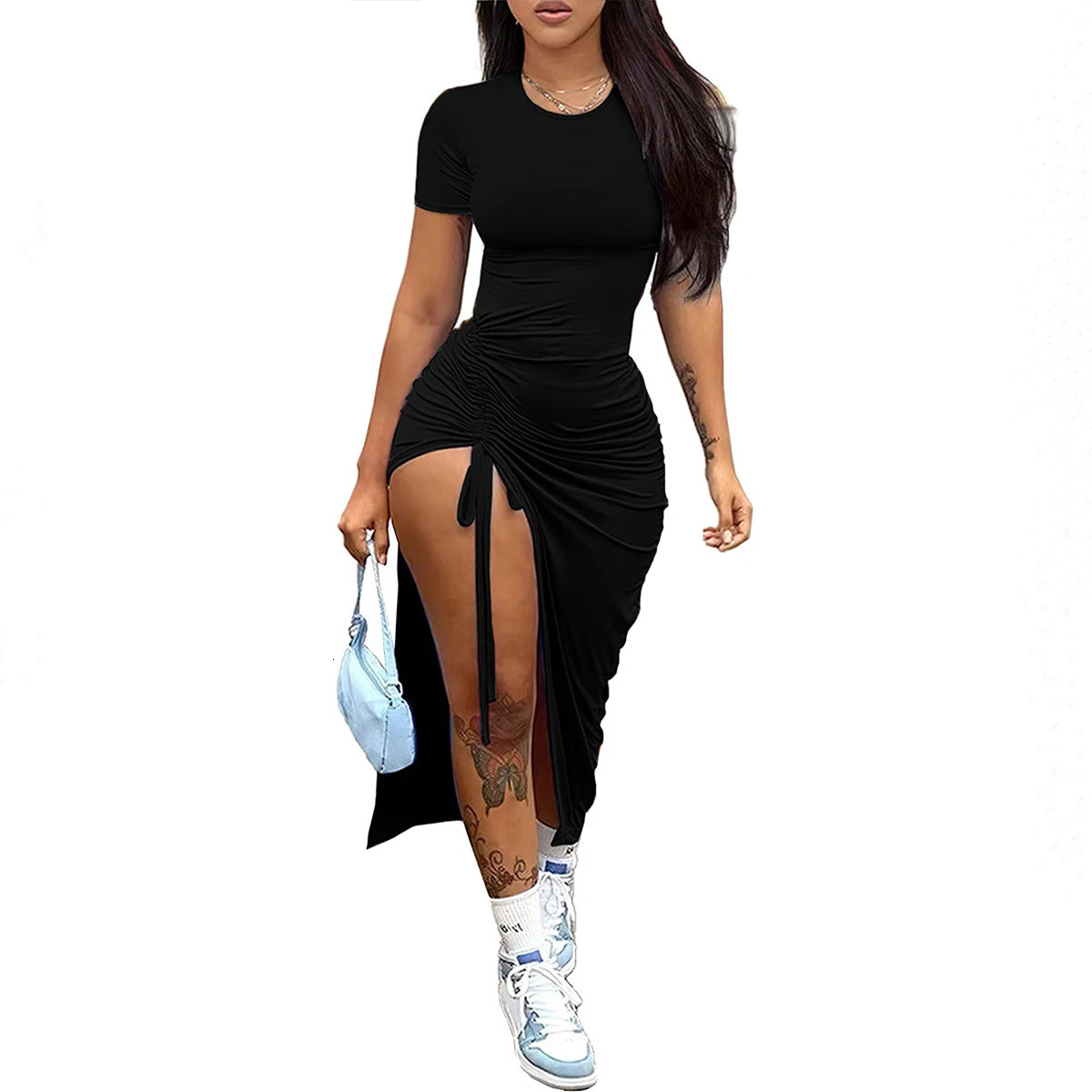 Womens fashion sexy slim fit solid color pleated split drawstring dress 260610