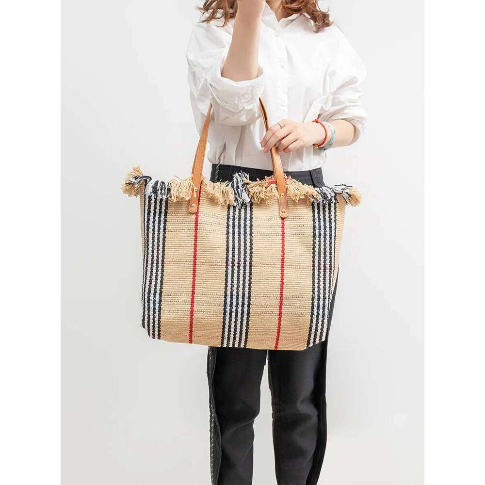 Bohemian style contrasting striped handbag, vintage woven large capacity tote bag, beach vacation shopping bag