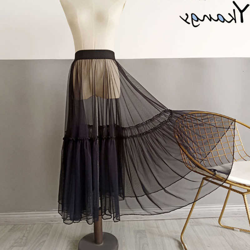 Mesh Sexy 2020 Transparent Women Long Tulle Skirt Korean Fashion Summer Ladies Elastic High Waist Black White Beach Midi Skirt M260612