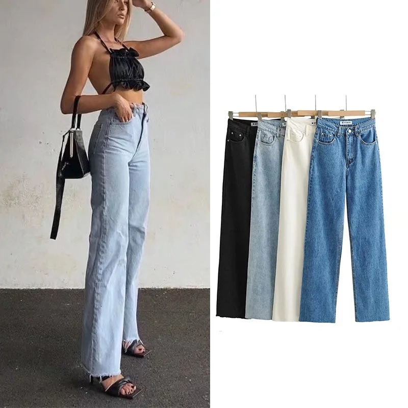 Womens High Waist Jeans 2025 Spring Fall Relaxed Straight Leg Raw Hem FloorLength Vintage Inspired Daily Uniform 260609