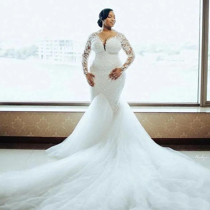 Plus Size Arabic Aso Ebi Lace Mermaid Wedding Dresses Sheer Long Sleeves Appliques Ruched Tulle Long Bridal Wedding Gowns Robe de maraige QA248