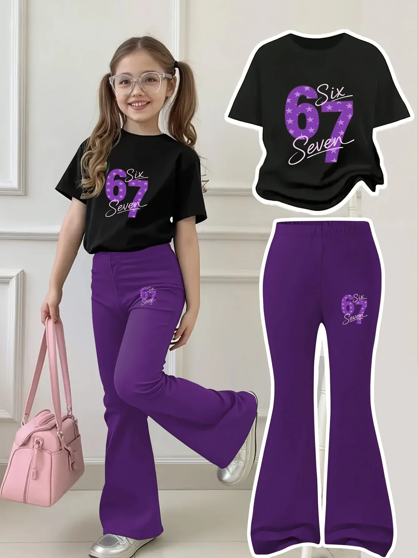 Black Girls t Shirt and Purple Wide Leg Pants Set 67 Print Casual Two Piece Outfits for Kids Summer Fashion Clothing 260612