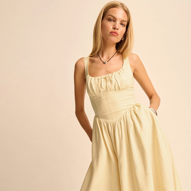 2026 Summer New Arrival Linen Yellow Square Neck Pure and Elegant Resort Style Midi French Dress