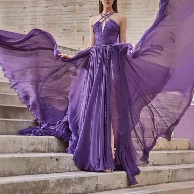 Elegant Purple Prom Pagenat Dresses 2027 Halter Sleelevess Chiffon A-line Beach Birthday Formal Party Gowns Gala Robes De Soiree