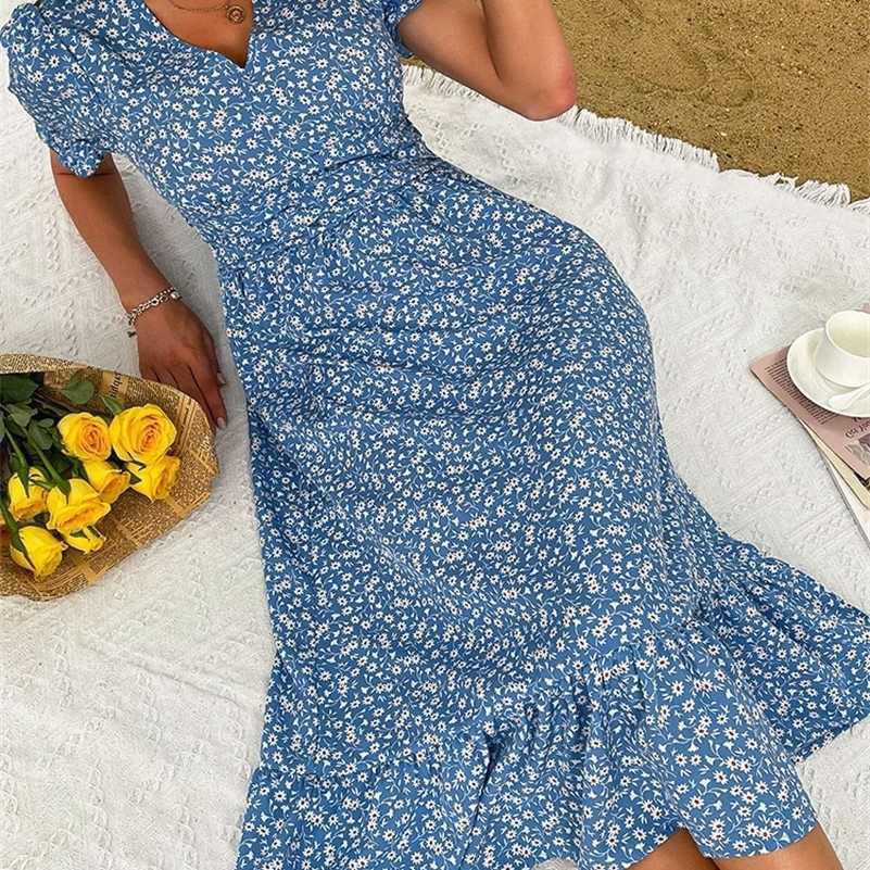 Dresses Casual NORA Elegant Womens Short Puff Slve Boho Floral Printed V Neck Corset Blue Casual Summer Beach Midi Dress S260612