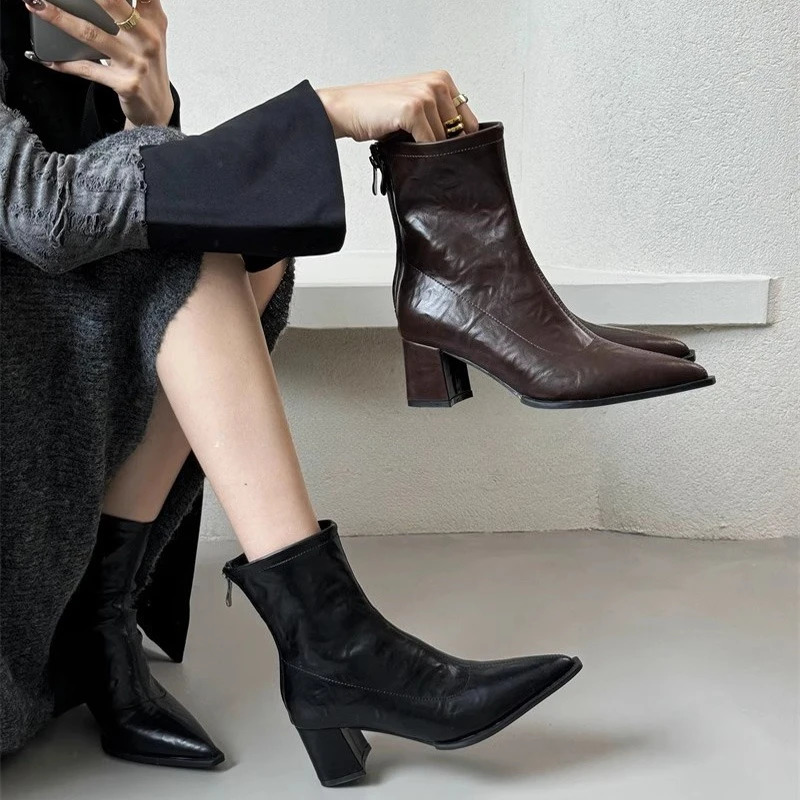 Botines de tacón alto con punta estrecha para mujer, botines cortos ajustados elegantes para mujer, zapatos de mujer para otoño e invierno 260612