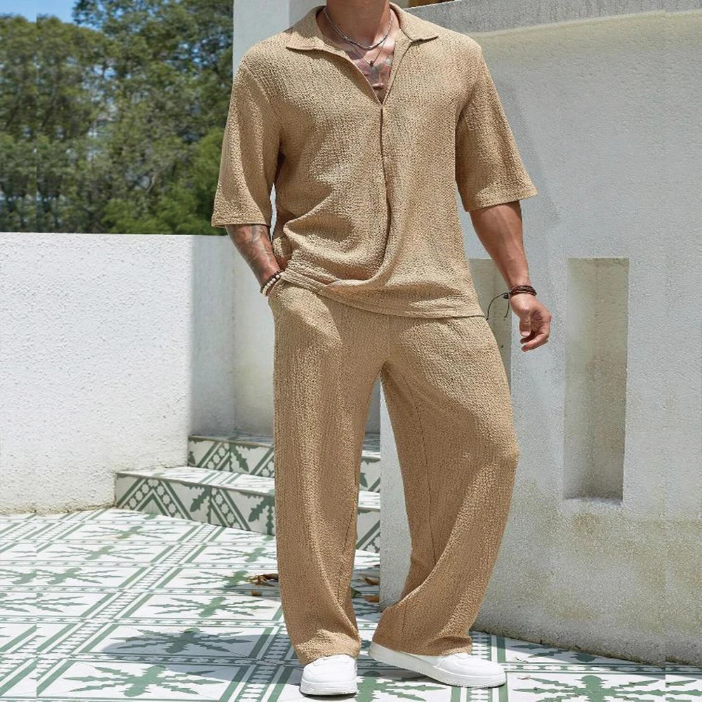 Spring summer Mens retro casual suit collar solid color halfsleeved shirt loose drawstring pants Twopiece beach Suit 260612