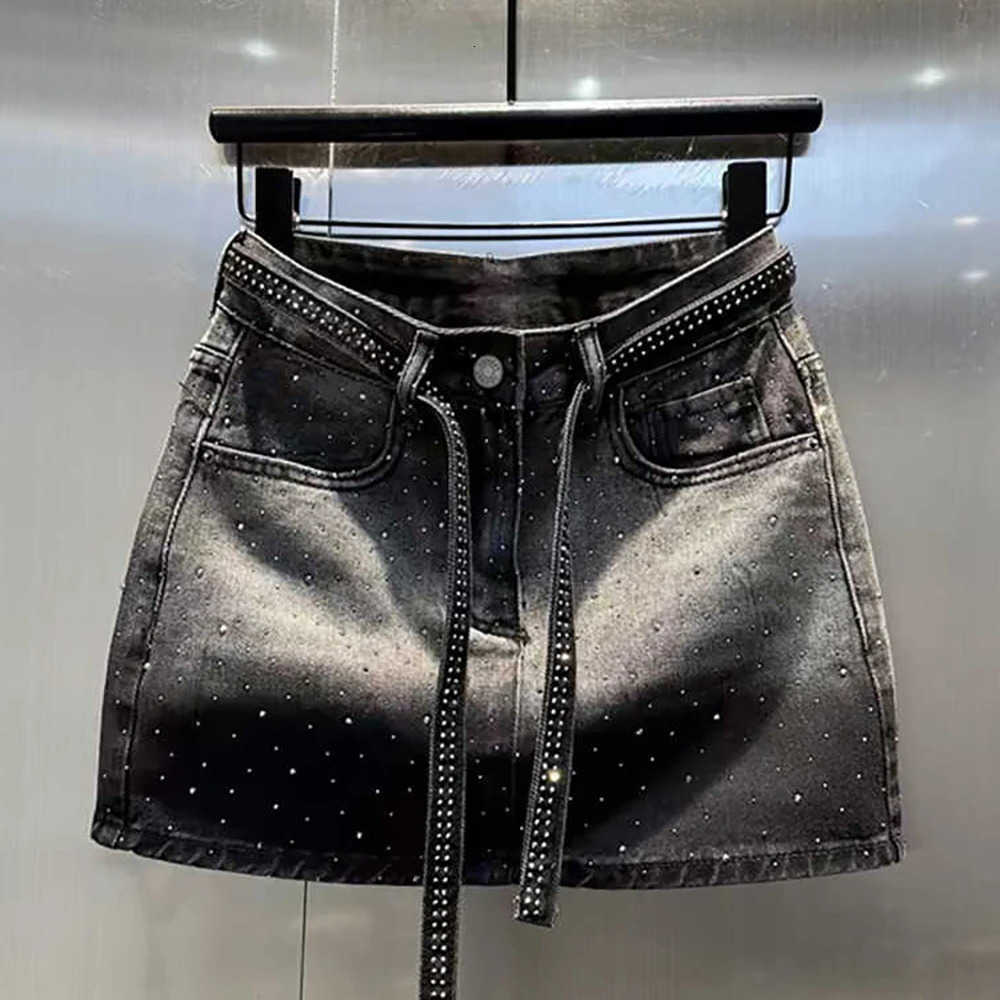 Denim Oversize Mini Retro Skirt for Women Summer High Waist Shiny Rivet Slim Skirts Gradient Black Grey Jean Skirts M260612