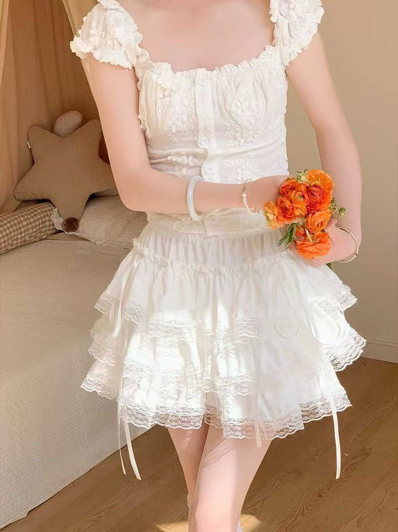 Skirt Kawaii Lace-Up Ruffle Pleated Students Sweet Tutu Skirt Women Sweet White High Waist Mini Skirt Fluffy Bow Short Summer M260612