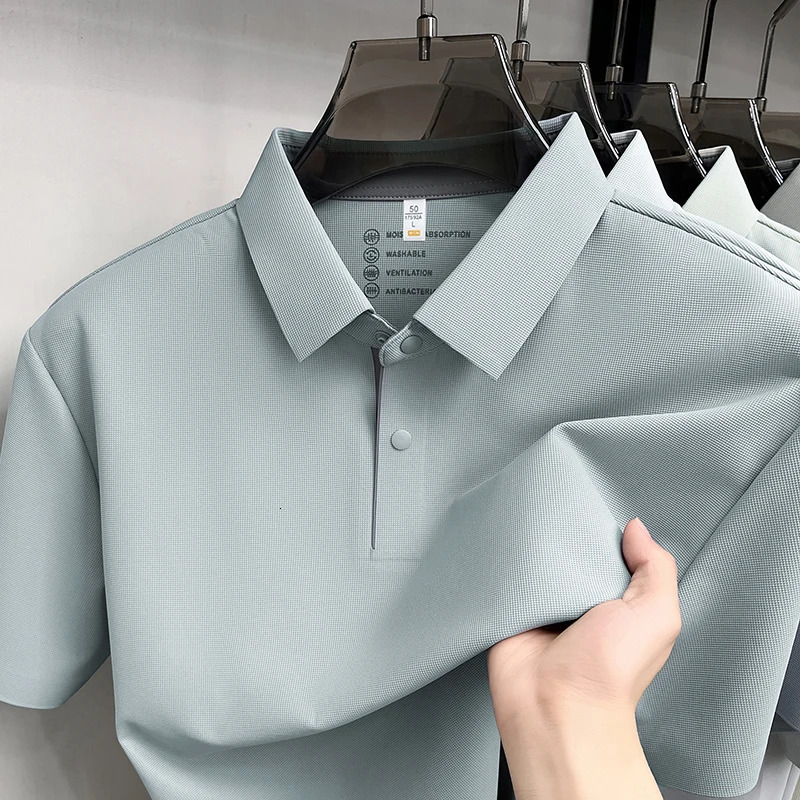 Fashion ice silk short sleeve mens polo shirt summer high-quality breathable business casual simple solid color T-shirt 260610