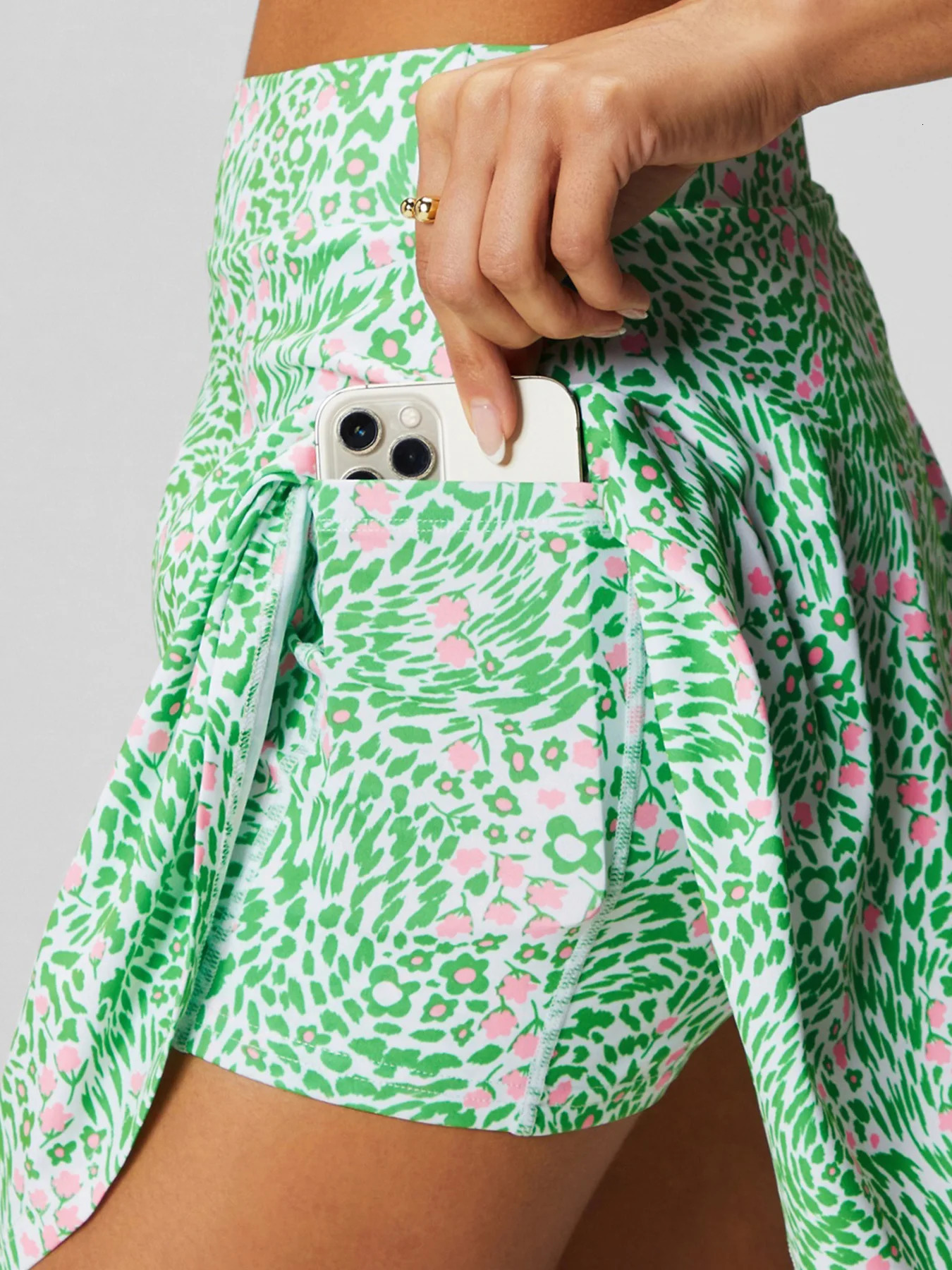 Womens Tennis Skirt with Pockets Green Leaves Print High Waisted Athletic Running Workout 2 in 1 Sports Badminton Golf Skort 260610