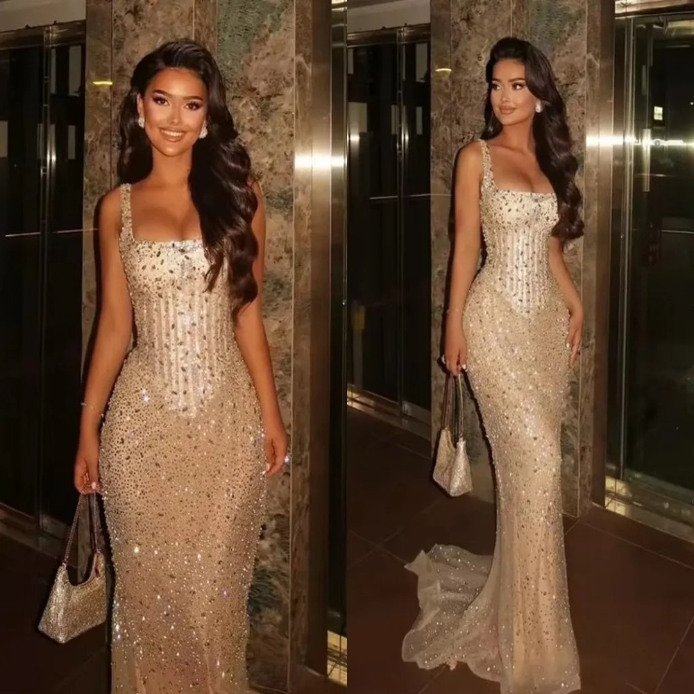 Luxury Sequin Mermaid Evening Dress Spaghetti Straps Square Neck Special Occasion Prom Gowns Custom Made