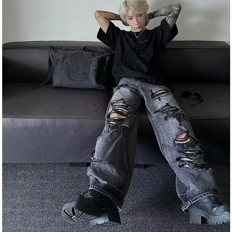 Retro American Street Style Faded Denim Jeans Mens Hiphop n Sensation Frayed Wide Leg Pants High Waist 260608