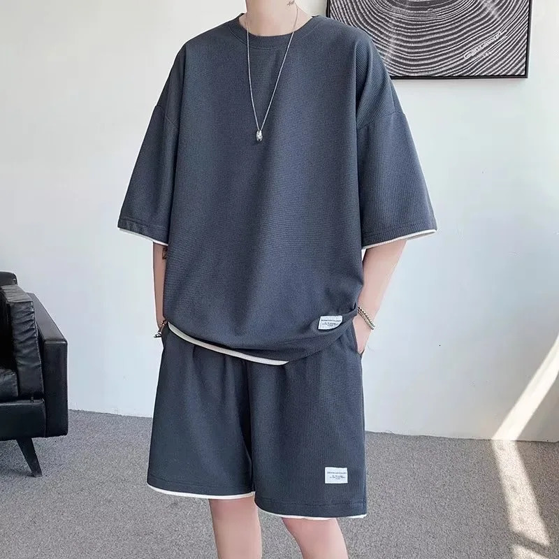 Summer Men Waffle Sets Casual TShirt And Shorts Set Male Sports Suit Solid Color Tracksuit Loose Suits Size 5XL 260611