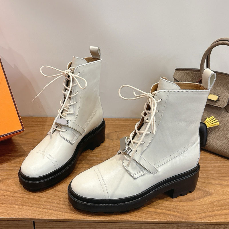 Ladies Land Ankle Boot Womens Snow Boots H252104 Designer Lace Roman Boot Palladium Plated Buckle Round Head Sheepskin Lining With Tall 4.5CM Sizes