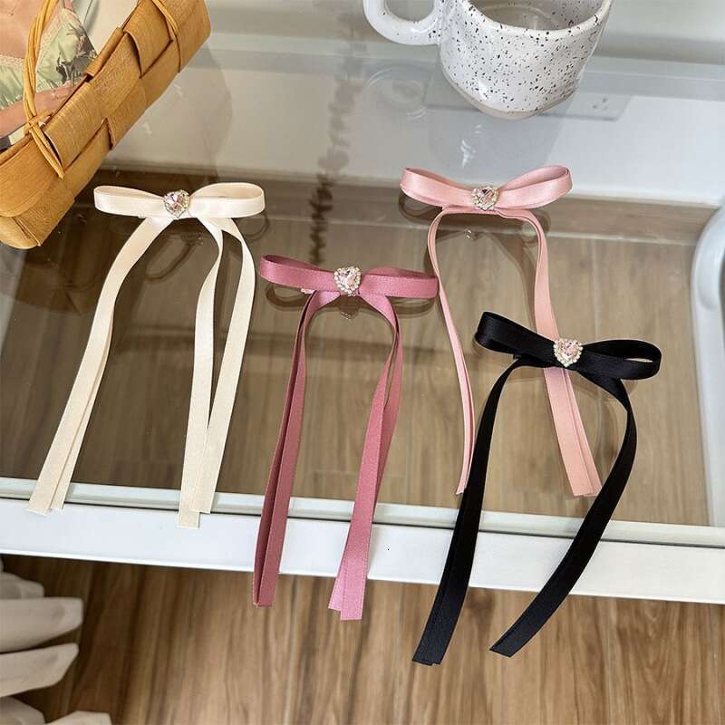Ballet Girl Style Simple Double-Layer Ribbon Bow with Heart-Shaped Rhinestones, Double Ponytail Tie, Sweet Hairpin Hair Accessory
