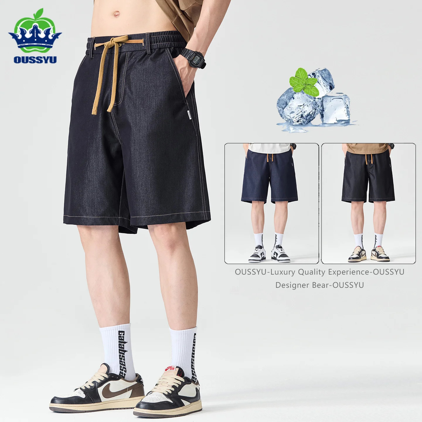 2026 Summer Thin Original Color Mens Denim Shorts Loose Drawstring Raw Bermuda Harajuku Streetwear Jorts Man Y2K 260609BANJIA