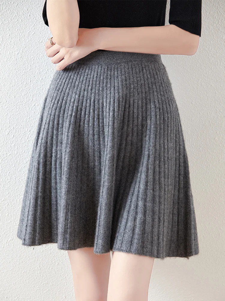 Womens Wave Short Skirt 100 Merino Wool Mini Skirts Autumn Winter Sweater Umbrella High Waist Stretch Sweet Knit Dresses 260610