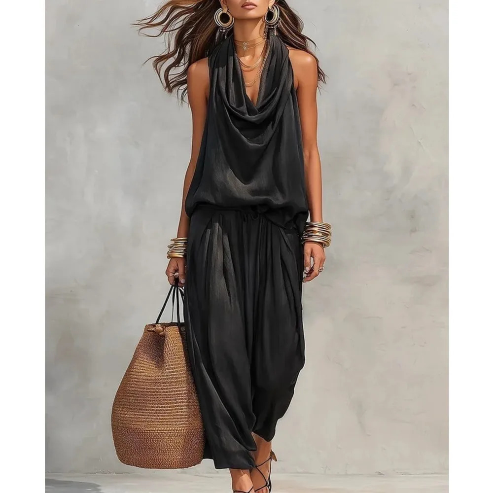 Swing Collar Halter Neck Wide Leg Jumpsuit Summer Womens Sexy Sleeveless Casual Loose Vest Ropa Para Mujer 260611