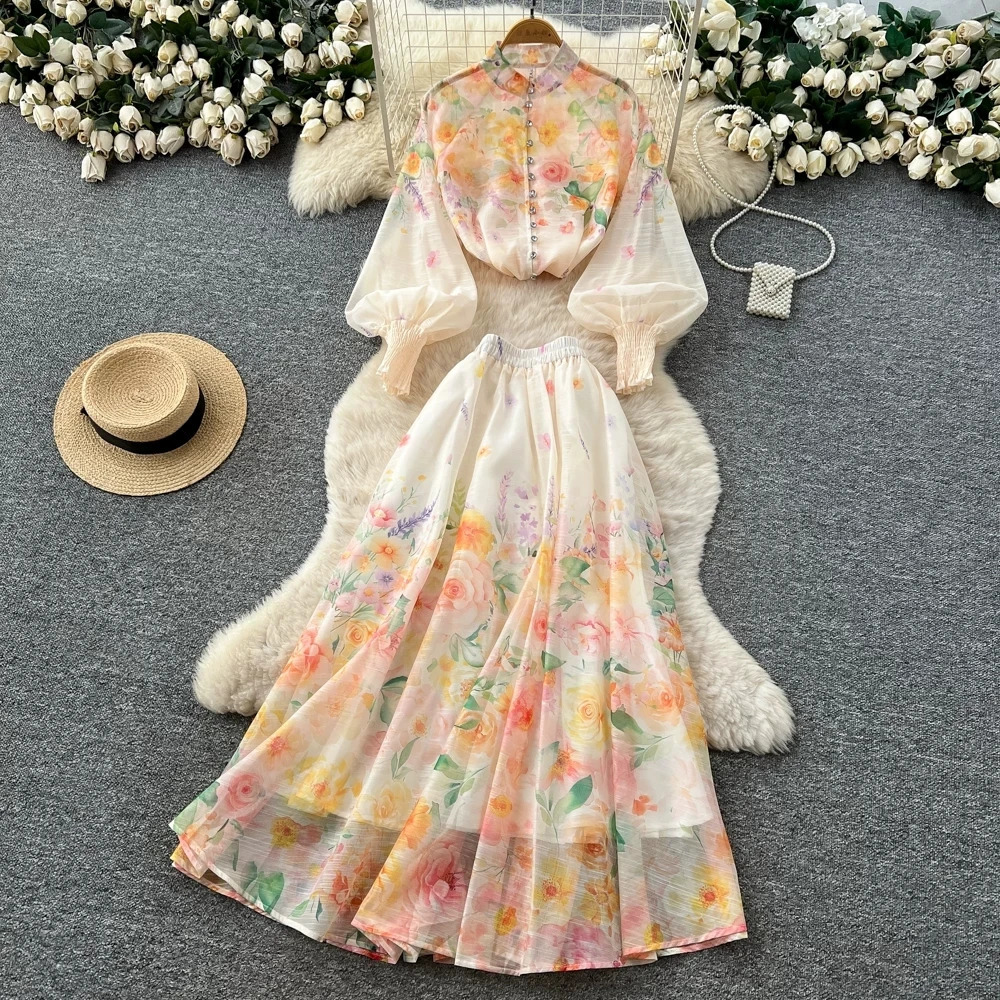 Elegant Pearl Long Dress Suits Women 2 Piece Sets Summer Lantern Sleeve Flower Print Blouse Shirts A Line Long Skirt Sets 260611
