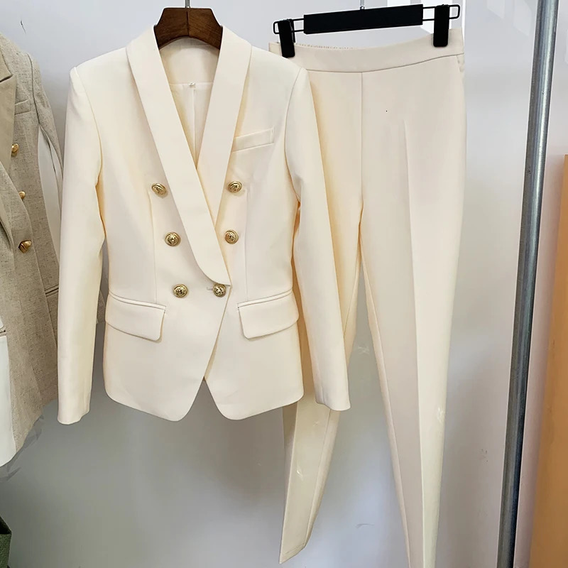 Fashion 2026 Blazer Suit Set Womens Career Classic Shawl Collar Lion Buttons Double Breasted Blazer Pants Suit 260610