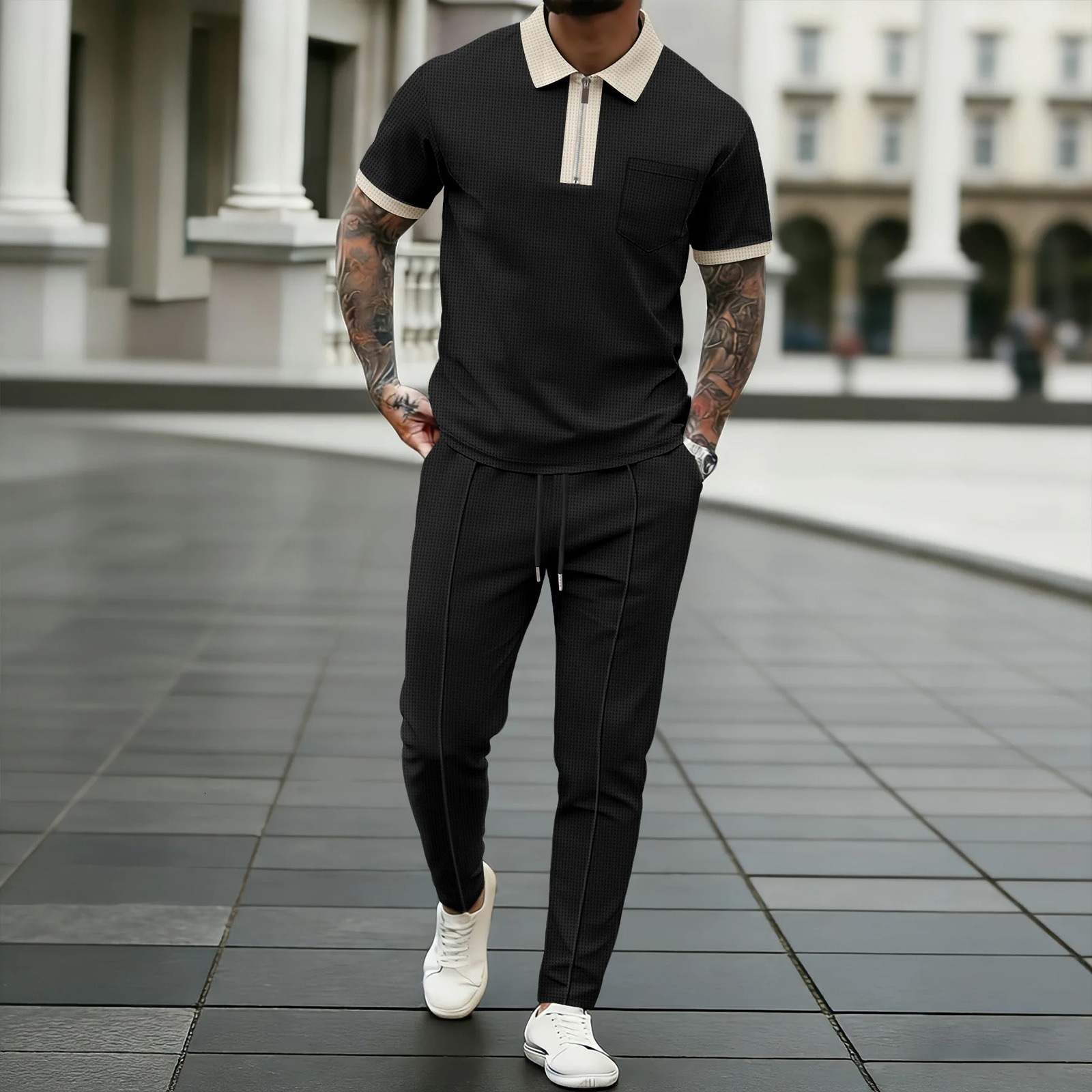 Mens Contrast Trim Waffle Knit 2 Piece Tracksuit Zip Collar Polo Shirt Drawstring Pants Set for Streetwear
