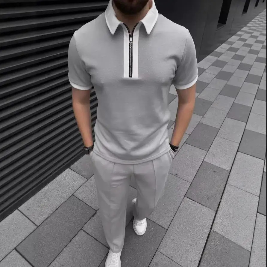 Mens short sleeved Tshirt set with slim fit patch zipper folding collar mens golf polo summer streetwear breathabl