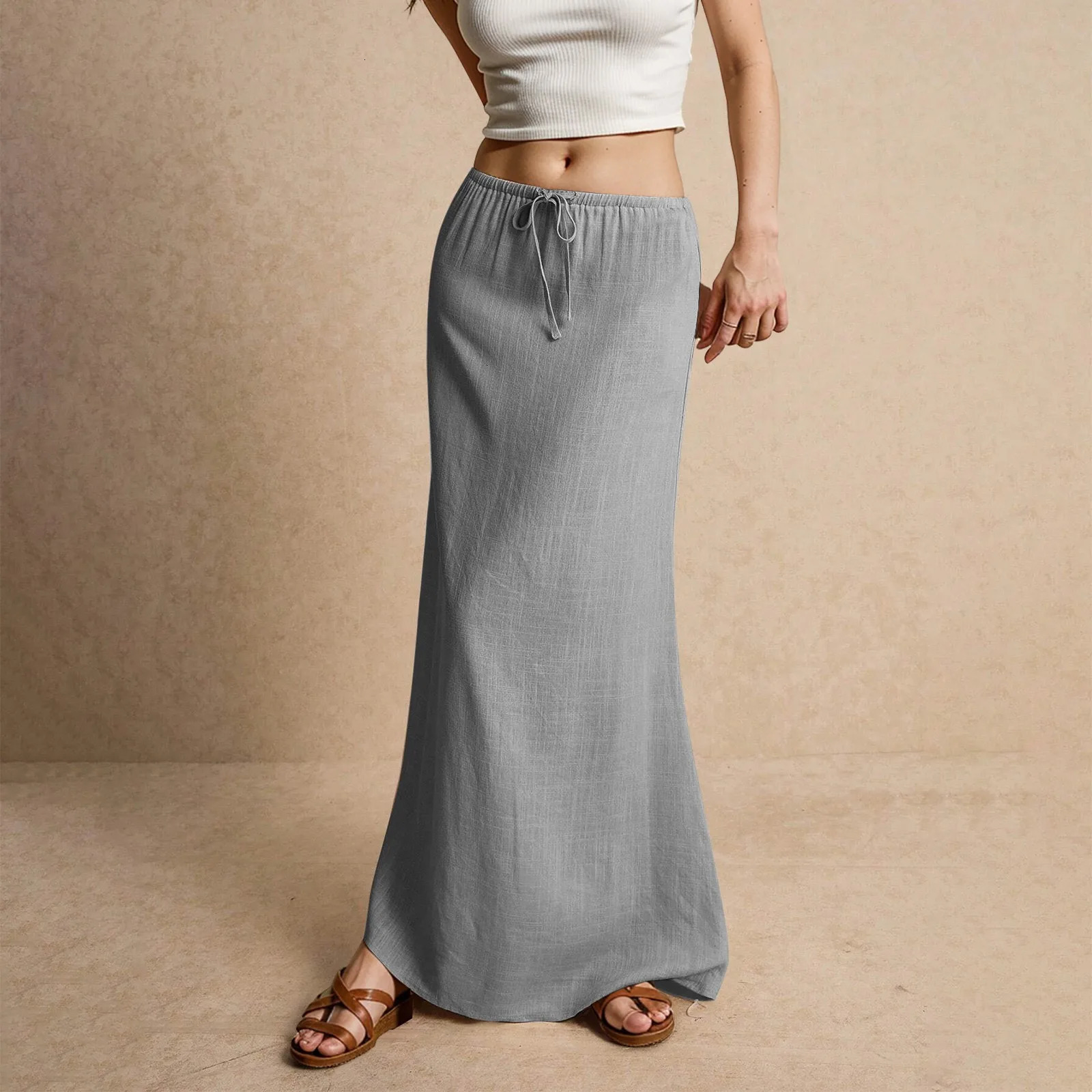 Women's Basic Versatile Drawstring Low Waist A Line Casual Skirts Sexy Tight Solid Color Bodycon Long Maxi 260603BANJIABANJIA