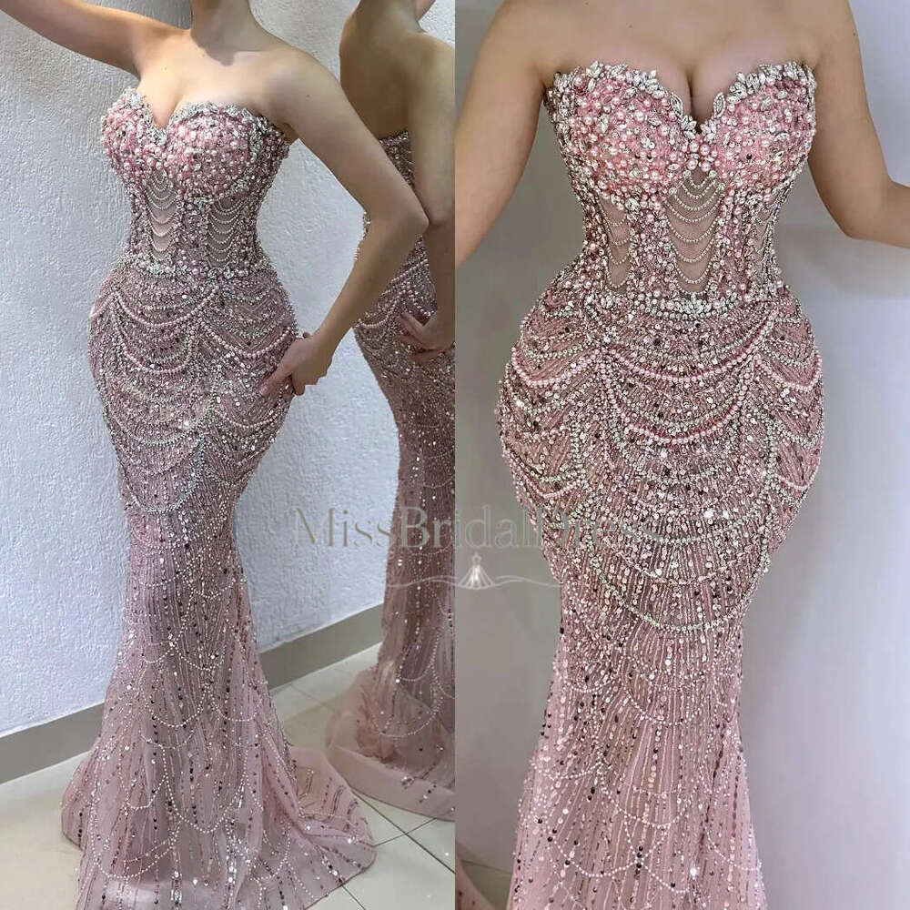 Elegant Prom Dresses Sweetheart Mermaid Beads Appliques Lace Sweep Train Evening Party Gowns Customized Robes Mb612