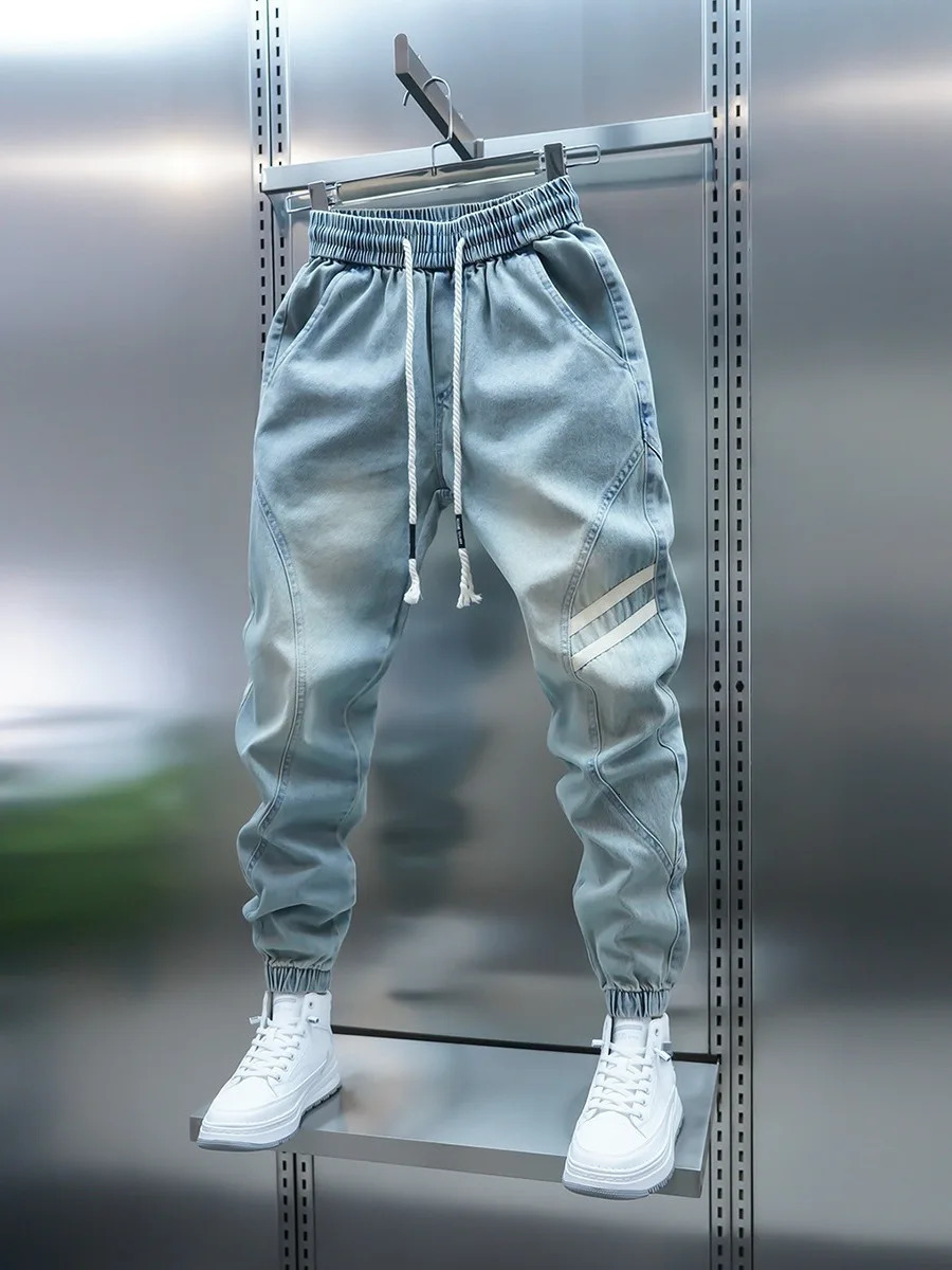 Mens Casual Loose Fit Blue Jeans Elastic Waistband Patchwork Cuffed Slimming Pants Harlan Style Summer Season Breathable 260612