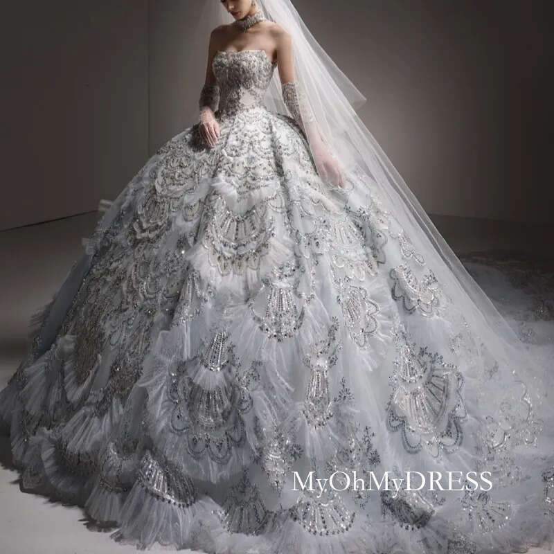Luxury White Dubai Arabic Mermaid Dresses Applique Lace Beading Crystal A Line Court Train Wedding Dress Bridal Gowns Vestidos De Y612