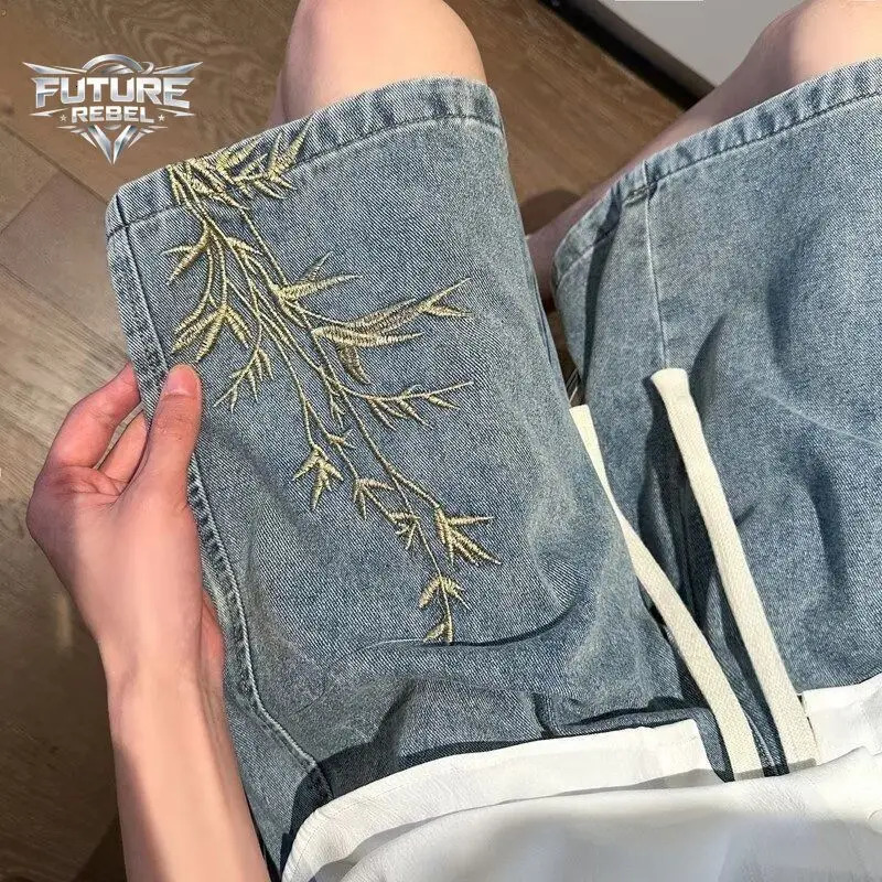 Mens Denim Shorts Washed Embroidery Streetwear Harajuku Unisex Loose Fit Straight Leg Five Length Casual Summer Fashion 260609BANJIA