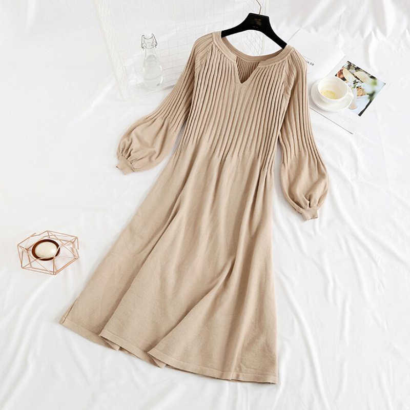 Dresses Casual Autumn Winter Women Knitted Sweater Dress Lantern slve V Neck Elegant Long Dress Bottoming Loose Dress S260612