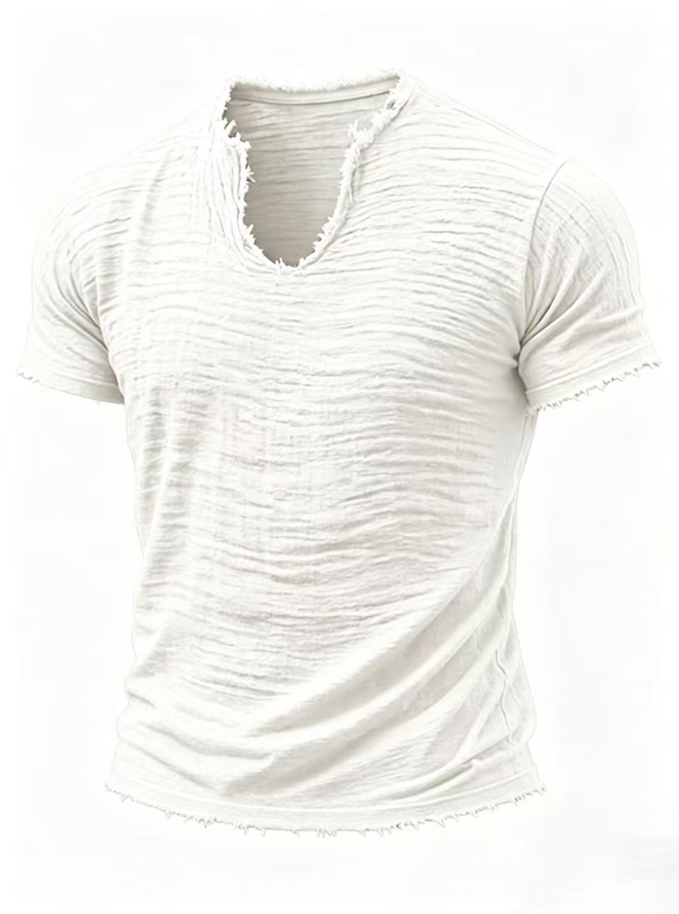 solid color mens retro cotton and linen fringe special vneck short sleeved tshirt summer fashion trend