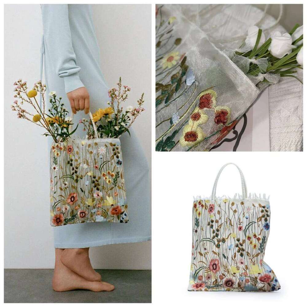 1Pc Fashion Tote Summer New Style Mesh Full Embroidery Flowers Clear Shoulder Romantic Handbag Women's Eco Shopping Bag 2025